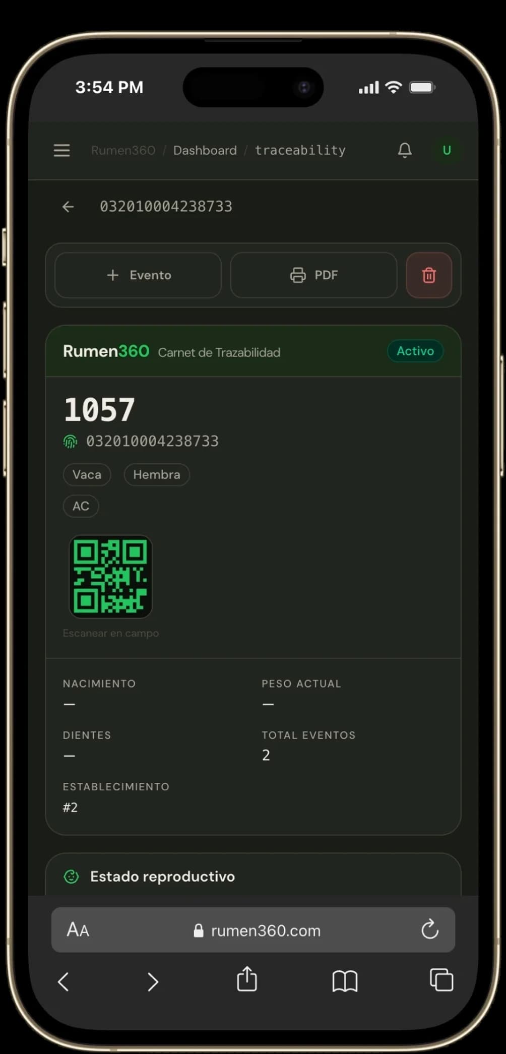 El carnet de trazabilidad del animal 1057 en Rumen360, con su caravana electrónica, su QR y su historial, visto en un teléfono