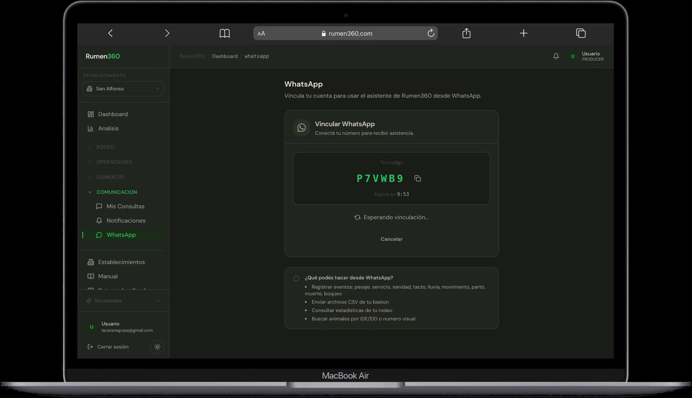La pantalla de WhatsApp en Rumen360: el código para vincular el teléfono y la lista de lo que se puede hacer por mensaje — registrar pesajes, servicios, sanidad, tactos, partos y muertes, mandar el CSV del bastón y consultar el rodeo